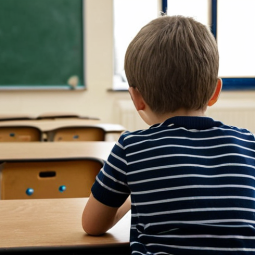 Home 7 **Image Prompt 1**: A child sitting alone in a classroom, looking contemplative. The background shows other children playing together, emphasizing the child's feeling of loneliness. The scene captures the essence of emotional isolation in a school setting.