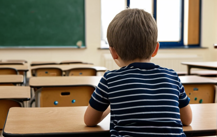 **Image Prompt 1**: A child sitting alone in a classroom, looking contemplative. The background shows other children playing together, emphasizing the child's feeling of loneliness. The scene captures the essence of emotional isolation in a school setting.