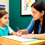 A professional female child counselor, wearing a modest business casual outfit, sits at a low table with a young girl, approximately 7 years old, who is fully clothed in comfortable, appropriate children's attire. The girl is deeply engaged in drawing with colorful crayons, expressing emotions through her art, while the counselor observes her with a warm, empathetic, and professional expression, demonstrating active listening through her natural pose and non-verbal cues. The setting is a bright, calm, and child-friendly therapy room, adorned with age-appropriate art supplies and soft, natural lighting. The image captures a moment of trust-building and creative expression. perfect anatomy, correct proportions, well-formed hands, proper finger count, natural body proportions, safe for work, appropriate content, fully clothed, professional, high quality.