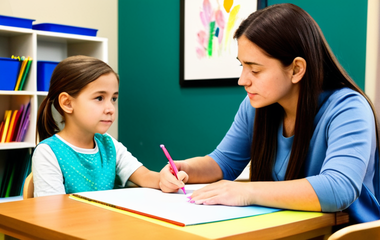 A professional female child counselor, wearing a modest business casual outfit, sits at a low table with a young girl, approximately 7 years old, who is fully clothed in comfortable, appropriate children's attire. The girl is deeply engaged in drawing with colorful crayons, expressing emotions through her art, while the counselor observes her with a warm, empathetic, and professional expression, demonstrating active listening through her natural pose and non-verbal cues. The setting is a bright, calm, and child-friendly therapy room, adorned with age-appropriate art supplies and soft, natural lighting. The image captures a moment of trust-building and creative expression. perfect anatomy, correct proportions, well-formed hands, proper finger count, natural body proportions, safe for work, appropriate content, fully clothed, professional, high quality.