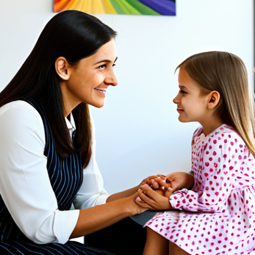 **

"A compassionate female child psychology counselor, fully clothed in a modest, professional dress, sitting in a brightly lit office with colorful artwork, engaging with a child (8 years old, fully clothed) in a friendly manner, safe for work, appropriate content, perfect anatomy, natural pose, well-formed hands, proper finger count, family-friendly setting."

**