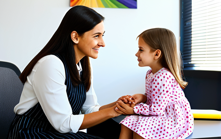 **

"A compassionate female child psychology counselor, fully clothed in a modest, professional dress, sitting in a brightly lit office with colorful artwork, engaging with a child (8 years old, fully clothed) in a friendly manner, safe for work, appropriate content, perfect anatomy, natural pose, well-formed hands, proper finger count, family-friendly setting."

**