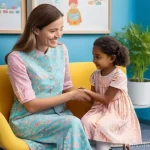 아동심리상담사의 직업적 윤리 - **Prompt:** A heartwarming and intimate scene depicting a young girl, about 7 years old, wearing a m...