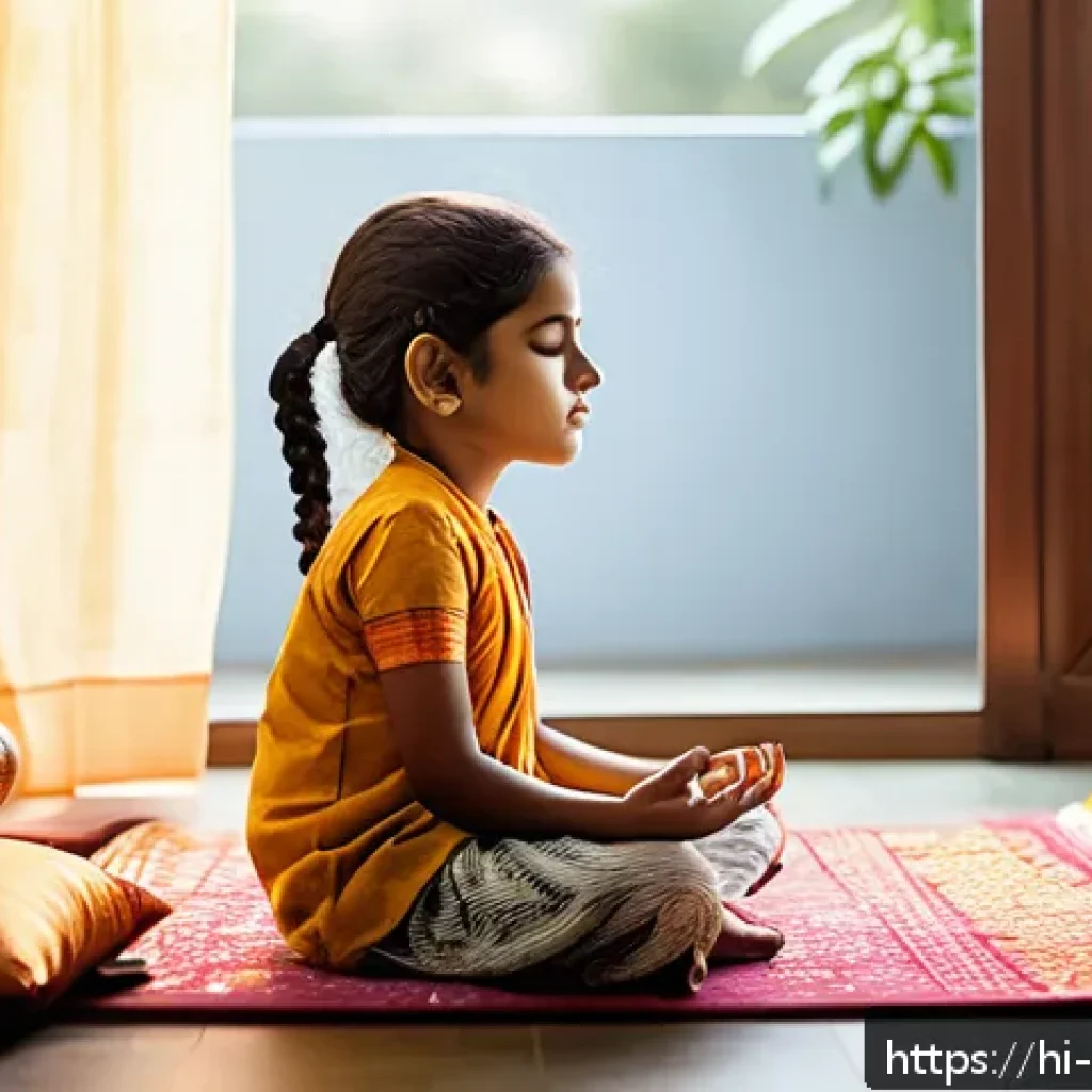 아동심리상담사 직업병 예방법 - A serene indoor scene of a Hindi-speaking child psychologist practicing mindfulness meditation in a ...