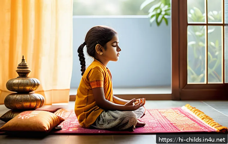 아동심리상담사 직업병 예방법 - A serene indoor scene of a Hindi-speaking child psychologist practicing mindfulness meditation in a ...