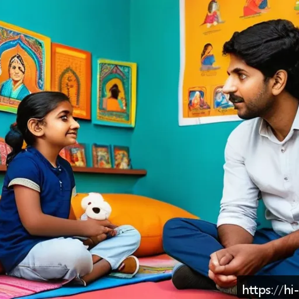 아동심리상담사로 재취업하기 - A warm and inviting counseling room designed for children, featuring colorful walls adorned with pla...