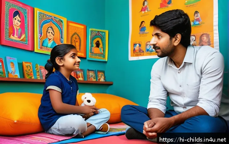 아동심리상담사로 재취업하기 - A warm and inviting counseling room designed for children, featuring colorful walls adorned with pla...