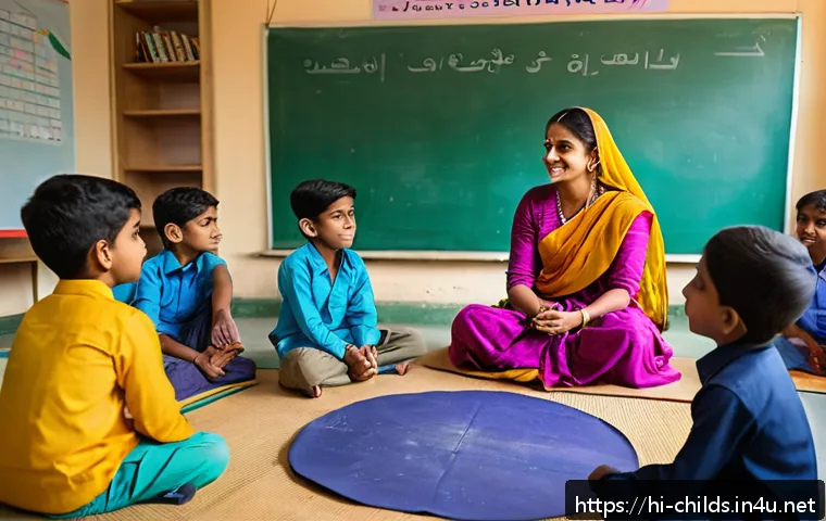 아동심리상담사 교육 과정 - A warm and nurturing classroom scene featuring young Indian children wearing colorful, modest clothi...